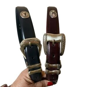 Vtg Set Of 2 Bucklesource 1999 Brown Blue Leather Belts Silver Golf Mens Medium